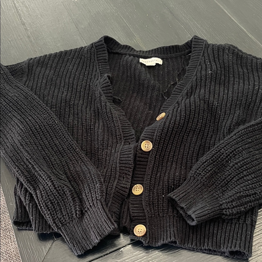 Aeropostale Black Ribbed Cardigan with Wooden Buttons